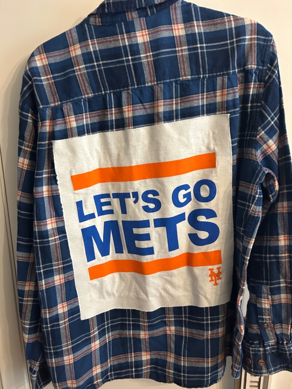 Mets Upcycled Blue Plaid Button-Up Shirt - Vintage Let’s Go Mets
